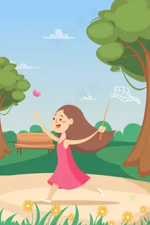 春天公园捉蝴蝶女孩玩耍出游手机页面配图