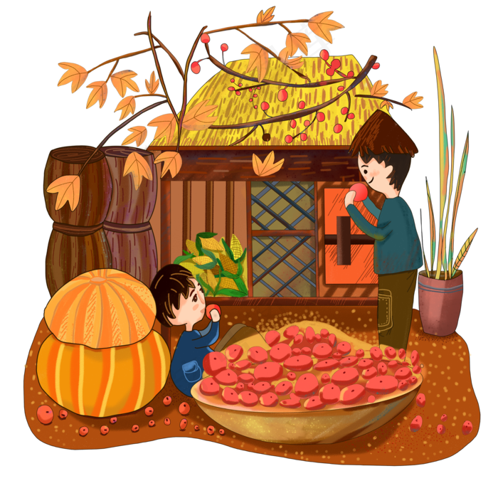 秋季秋日大丰收少年柿子南瓜玉米,免抠元素