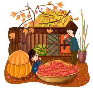 秋季秋日大丰收少年柿子南瓜玉米,免抠元素