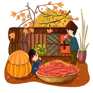 秋季秋日大丰收少年柿子南瓜玉米,免抠元素