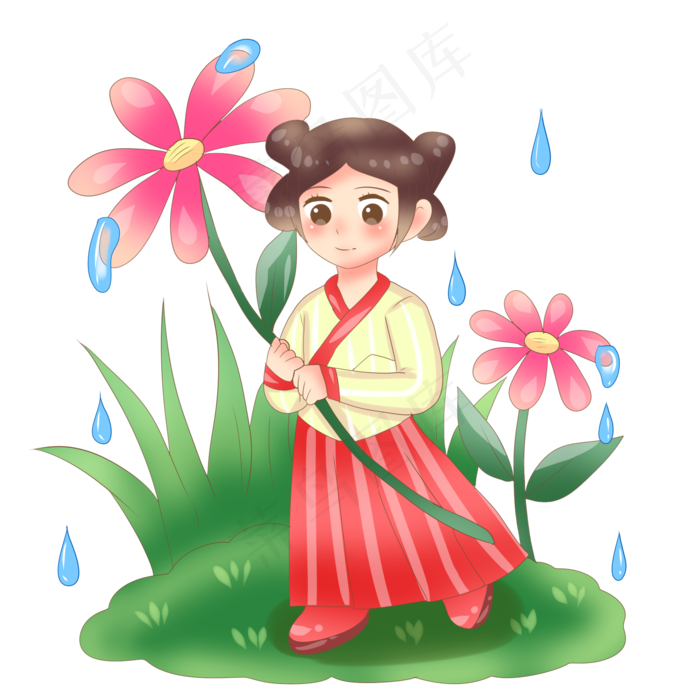 谷雨用花挡雨的女孩