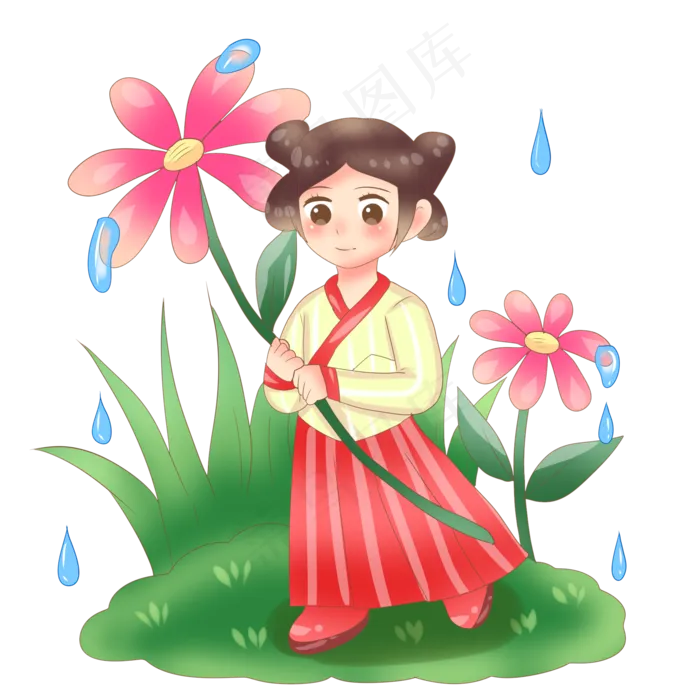 谷雨用花挡雨的女孩