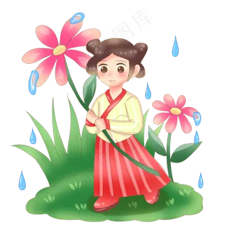 谷雨用花挡雨的女孩