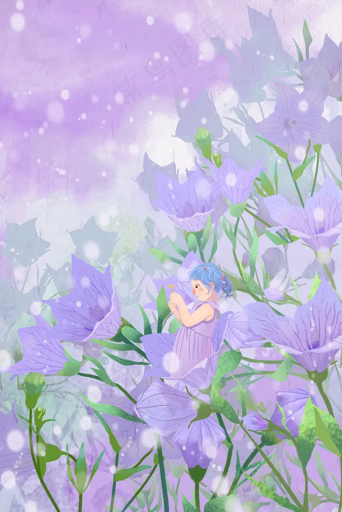 六月你好紫色肌理唯美浪漫桔梗花精灵(3545*5315px 300 dpi )psd模版下载