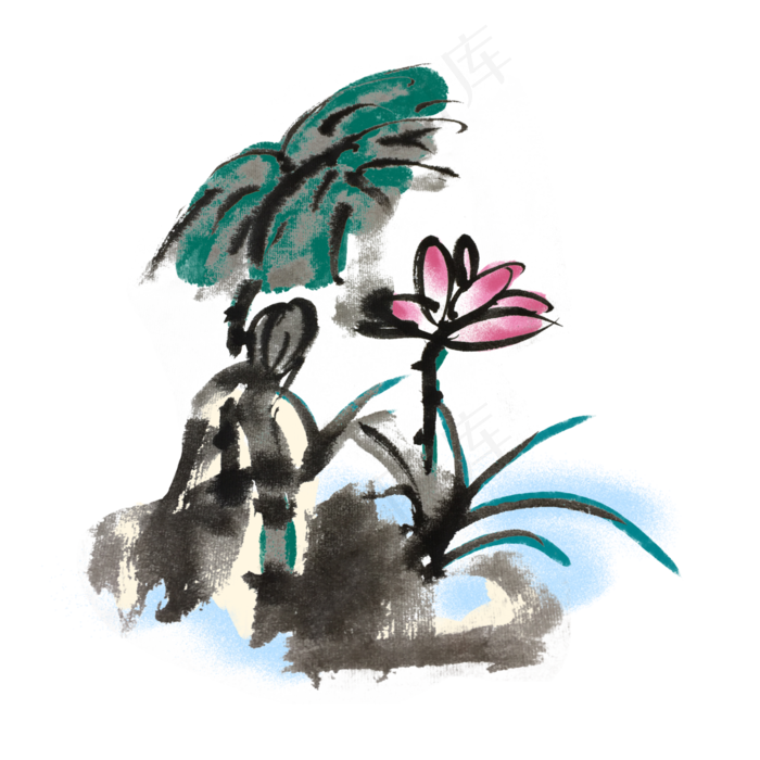 墨迹风夏天荷花荷叶手绘插画