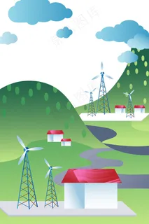 绿色系扁平科技草原绿洲风力发电配图