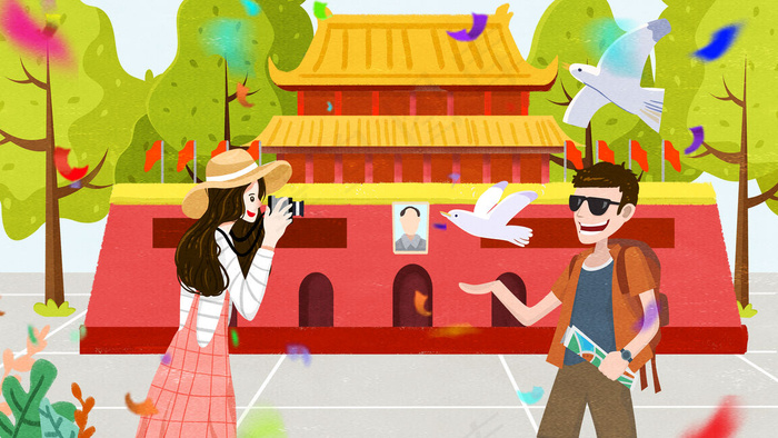 国庆旅游拍照手绘插画