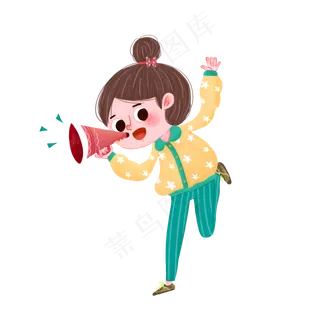 手绘卡通拿喇叭的小女孩,免抠元素