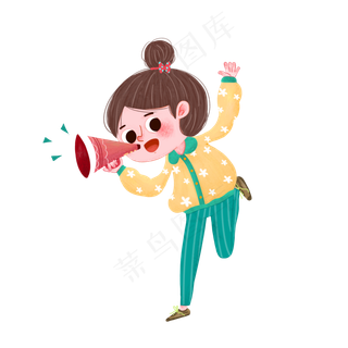 手绘卡通拿喇叭的小女孩,免抠元素