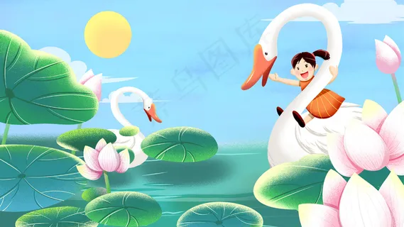 蓝色系卡通手绘风夏至夏景荷塘白鹅配图 蓝色系卡通手绘风夏至夏景荷塘白鹅配图