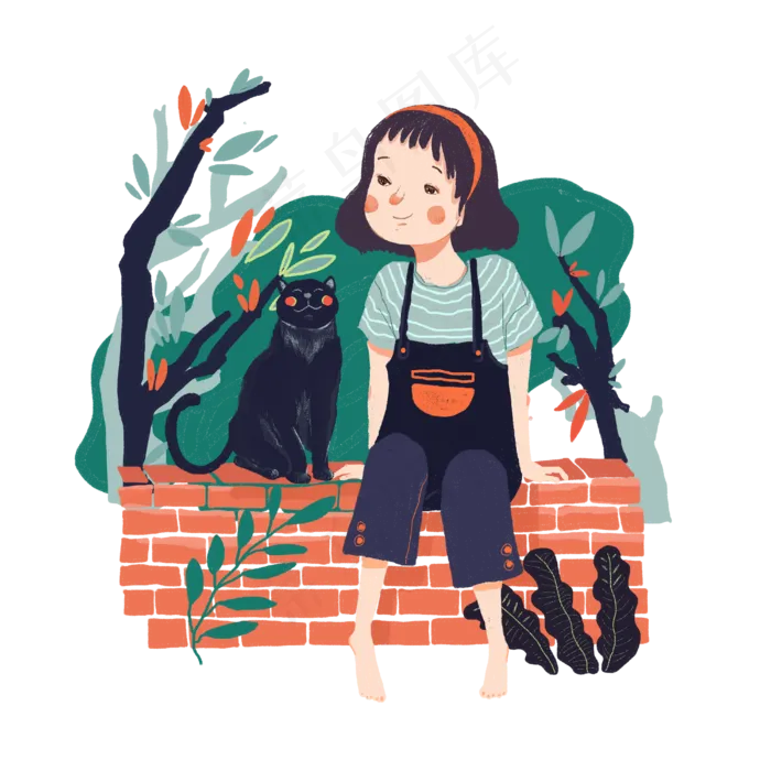 春天节气少女猫咪墙头PNG绿色植物,免抠元素