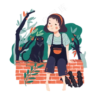 春天节气少女猫咪墙头PNG绿色植物,免抠元素