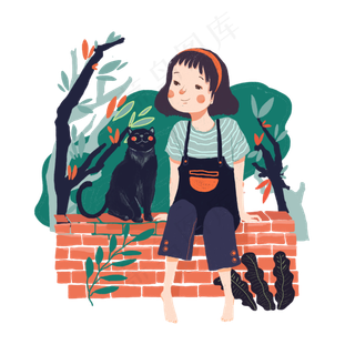 春天节气少女猫咪墙头PNG绿色植物,免抠元素