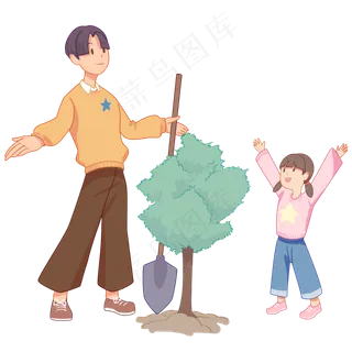 手绘植树节哥哥带着妹妹植树