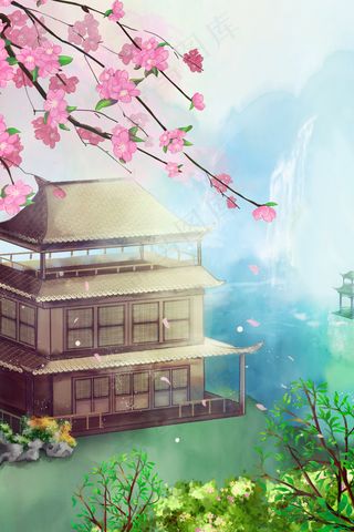 中国风三层木质古建筑别墅古风场景山水风景