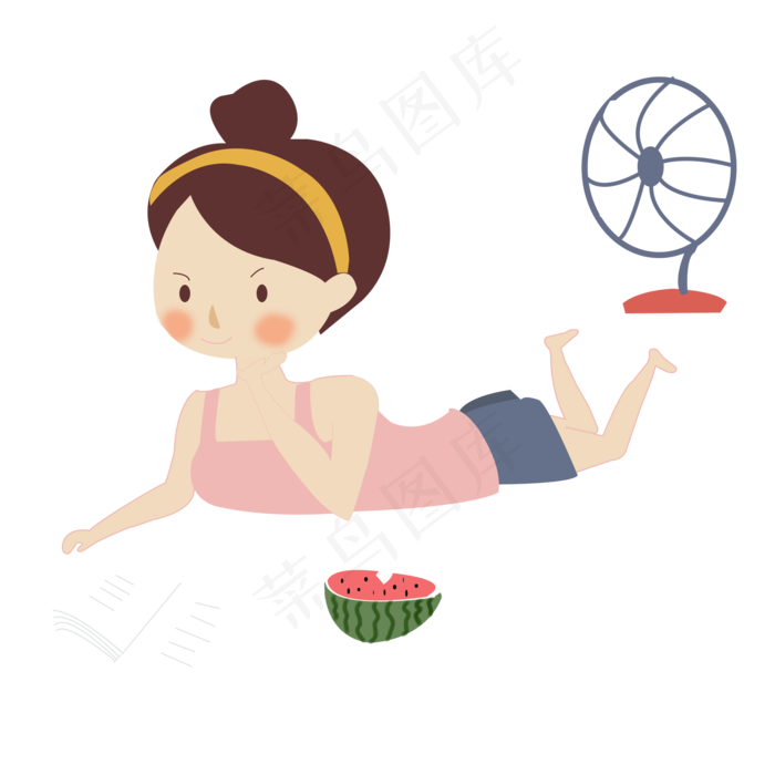 夏至吹着风扇一边看书一边吃西瓜(2000X2000(DPI:300))psd模版下载