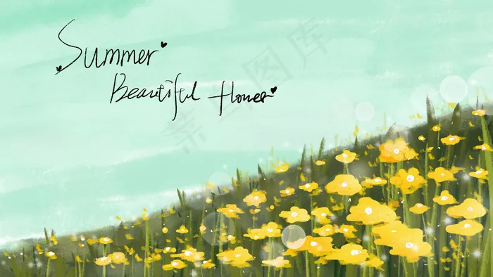 夏季上坡上盛开的花黄色的花(2880*1620px 300 dpi )psd模版下载