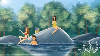 森林湖边游玩小清新治愈系