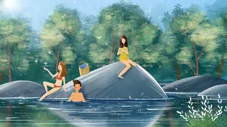 森林湖边游玩小清新治愈系