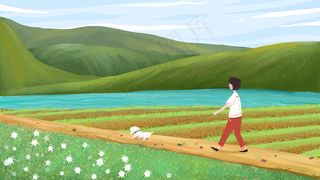 夏日少女与宠物一起出游