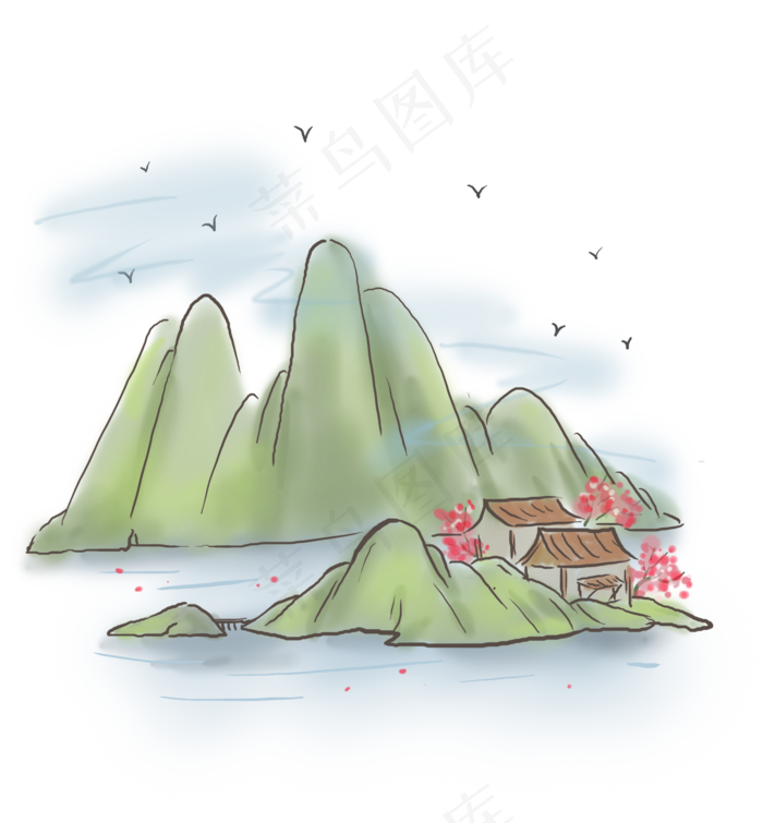 中国风江上的古房屋,免抠元素