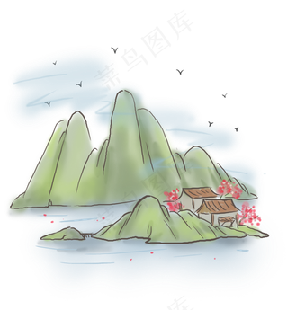 中国风江上的古房屋,免抠元素