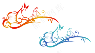 中国风类红蓝手绘装饰画蝶戏花丛,免抠元素