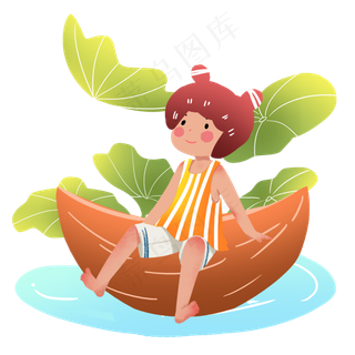 大暑小女孩划船乘凉素材