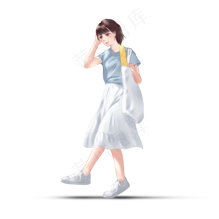 手绘穿白裙子的女孩PNG素材,免抠元素