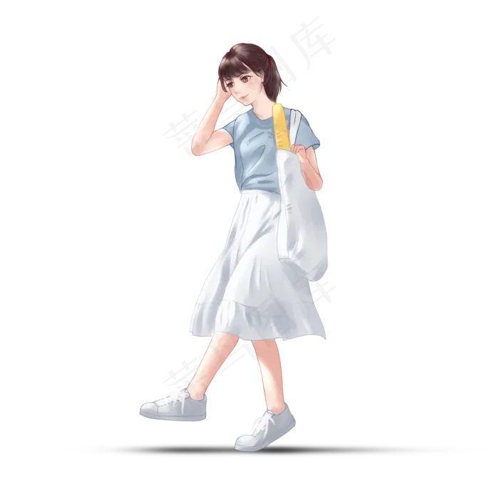 手绘穿白裙子的女孩PNG素材,免抠元素
