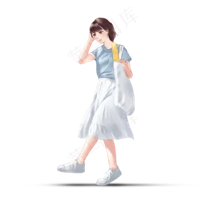 手绘穿白裙子的女孩PNG素材,免抠元素