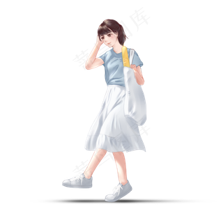 手绘穿白裙子的女孩PNG素材,免抠元素