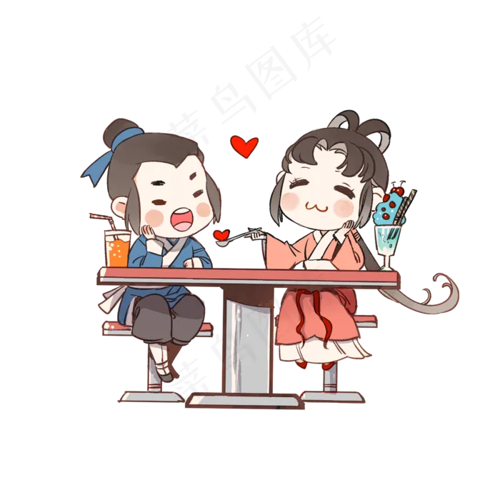 七夕牛郎织女约会喝饮料喂果子,免抠元素(2362*2362px 300 dpi )psd模版下载