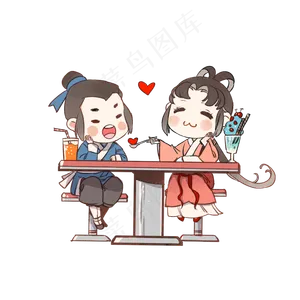 七夕牛郎织女约会喝饮料喂果子,免抠元素
