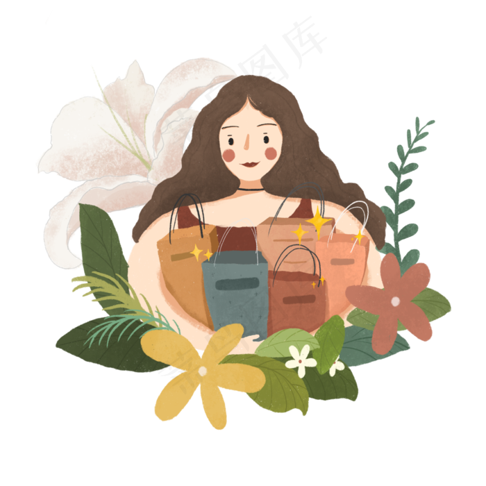 春天3.8妇女节购物包裹花朵PNG女神,免抠元素