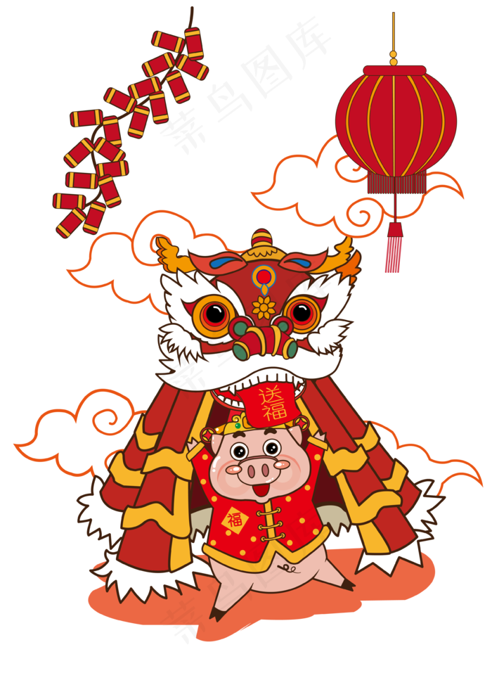 财神猪在过年舞狮,免抠元素