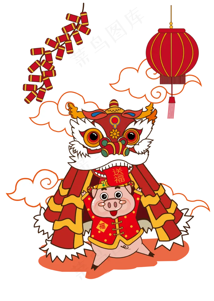 财神猪在过年舞狮,免抠元素(3579*5031px 300 dpi )ai矢量模版下载