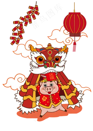 财神猪在过年舞狮,免抠元素