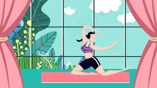 蓝色系卡通手绘风夏景小暑瑜伽女孩配图