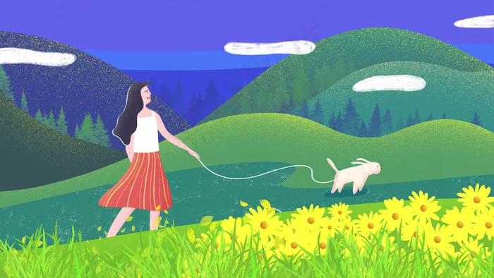 夏天出游赏花的女孩和狗