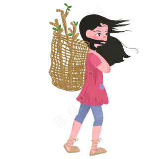 背着篓子野外植树的女孩免抠图
