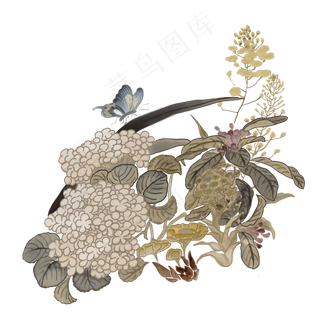 中国画水墨工笔温婉蝴蝶百花花鸟,免抠元素