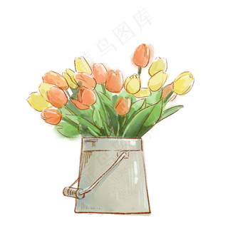 手绘水彩一桶鲜花