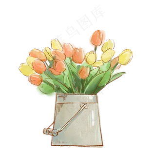 手绘水彩一桶鲜花