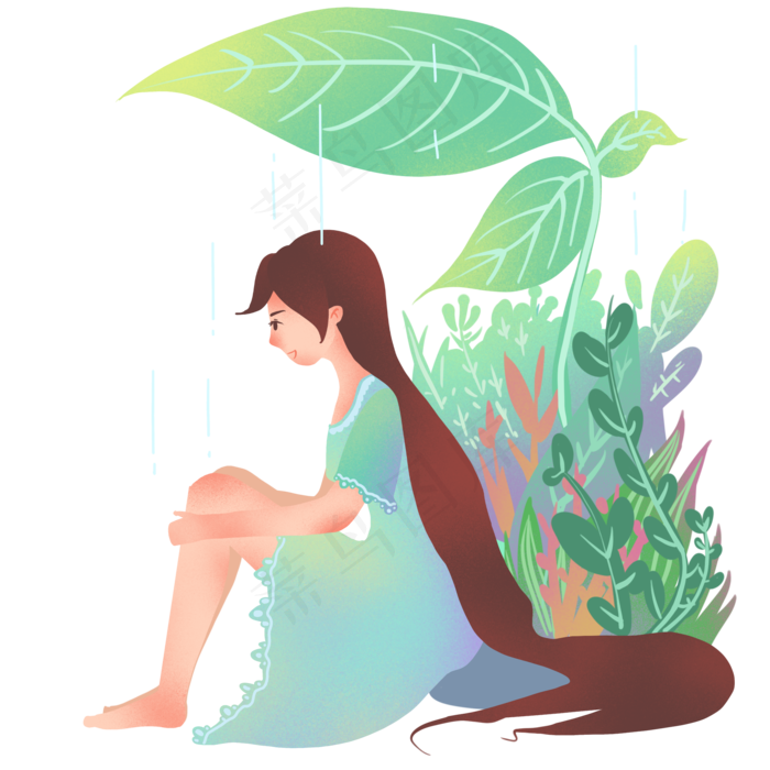 谷雨坐在叶子下的女孩插画