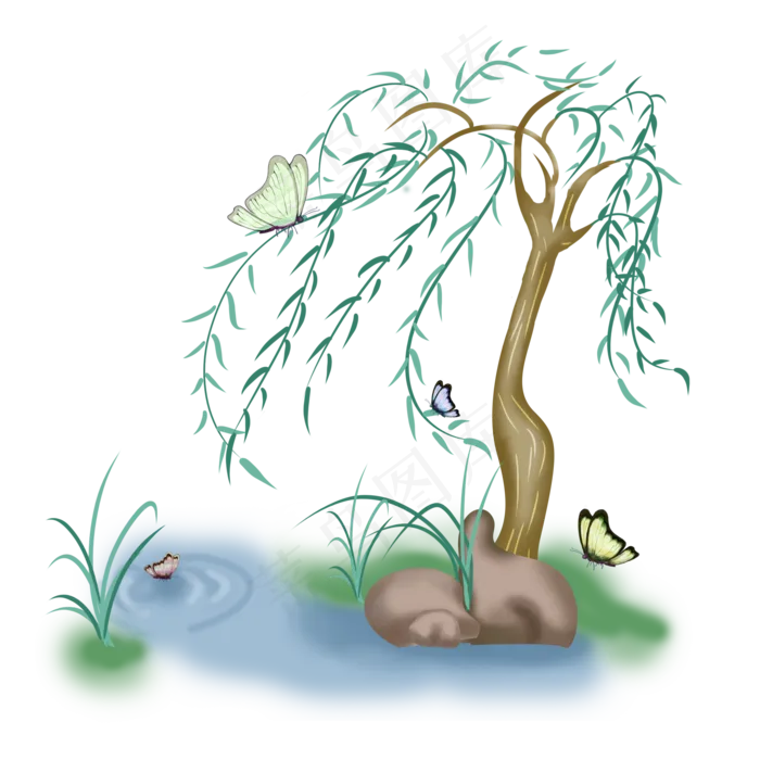 湖面上被风吹过的柳树PNG(2200X2200(DPI:300))psd模版下载