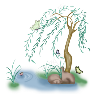 湖面上被风吹过的柳树PNG