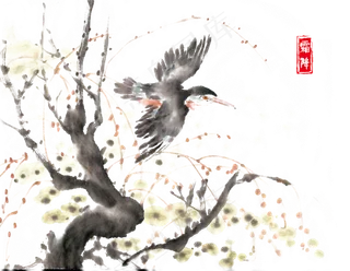 霜降枝头的飞鸟