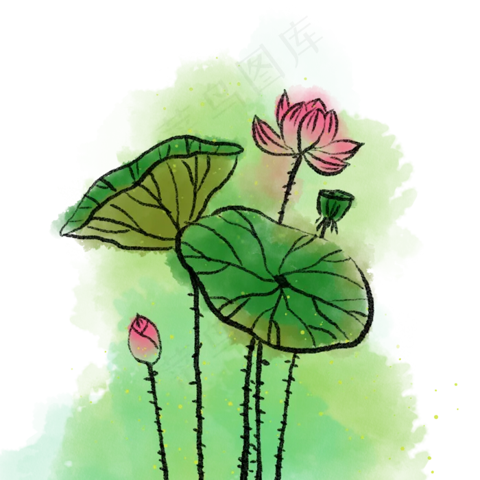 粉色水墨荷花荷叶(2000X2000(DPI:300))psd模版下载