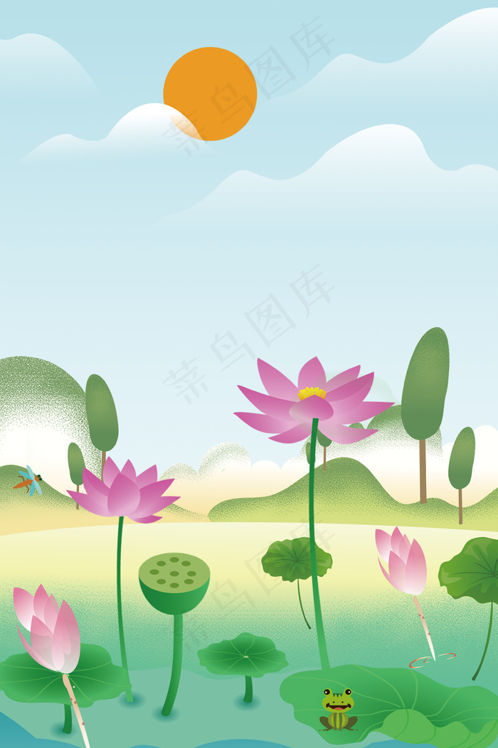 处暑夏季荷塘卡通质感清新广告背景